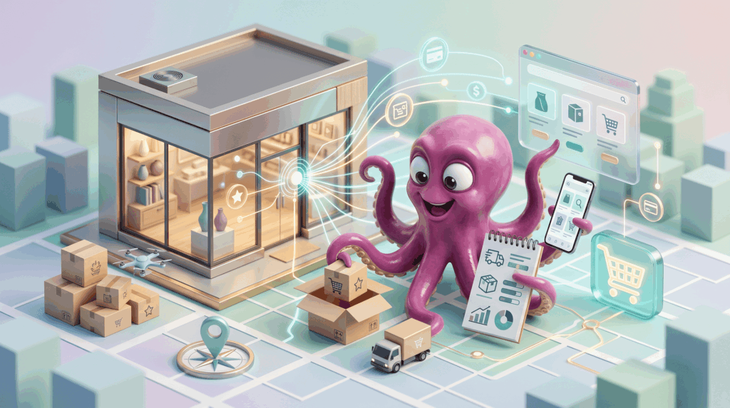 Pulpo mascota junto a un negocio y elementos de ecommerce para vender online