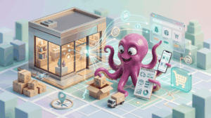 Pulpo mascota junto a un negocio y elementos de ecommerce para vender online