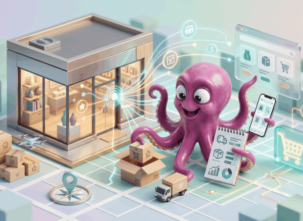 Pulpo mascota junto a un negocio y elementos de ecommerce para vender online