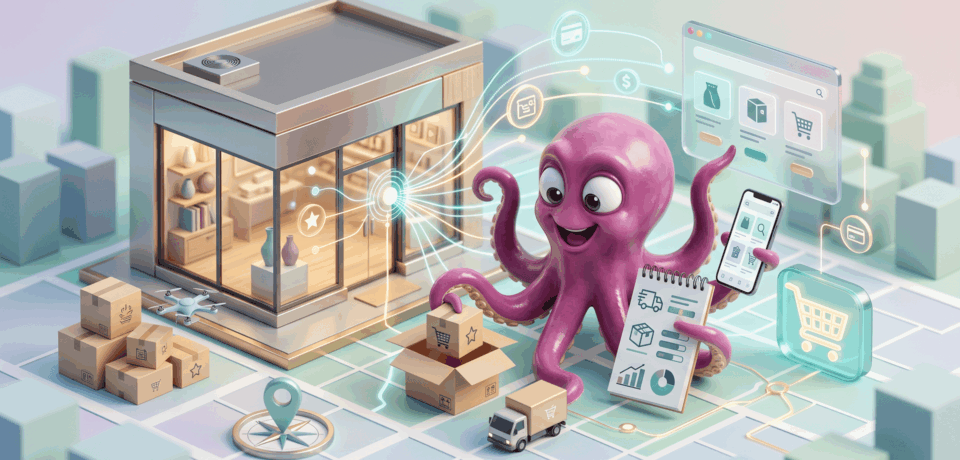 Pulpo mascota junto a un negocio y elementos de ecommerce para vender online